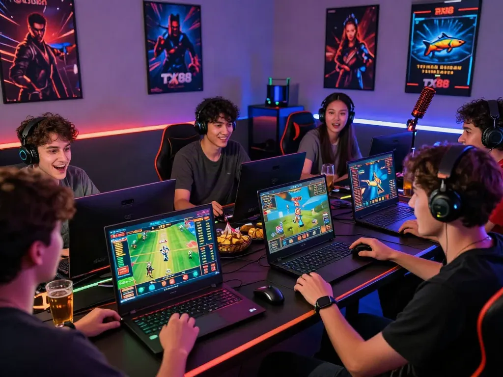 Friends enjoying an exciting gaming night with TX88 online betting platform.