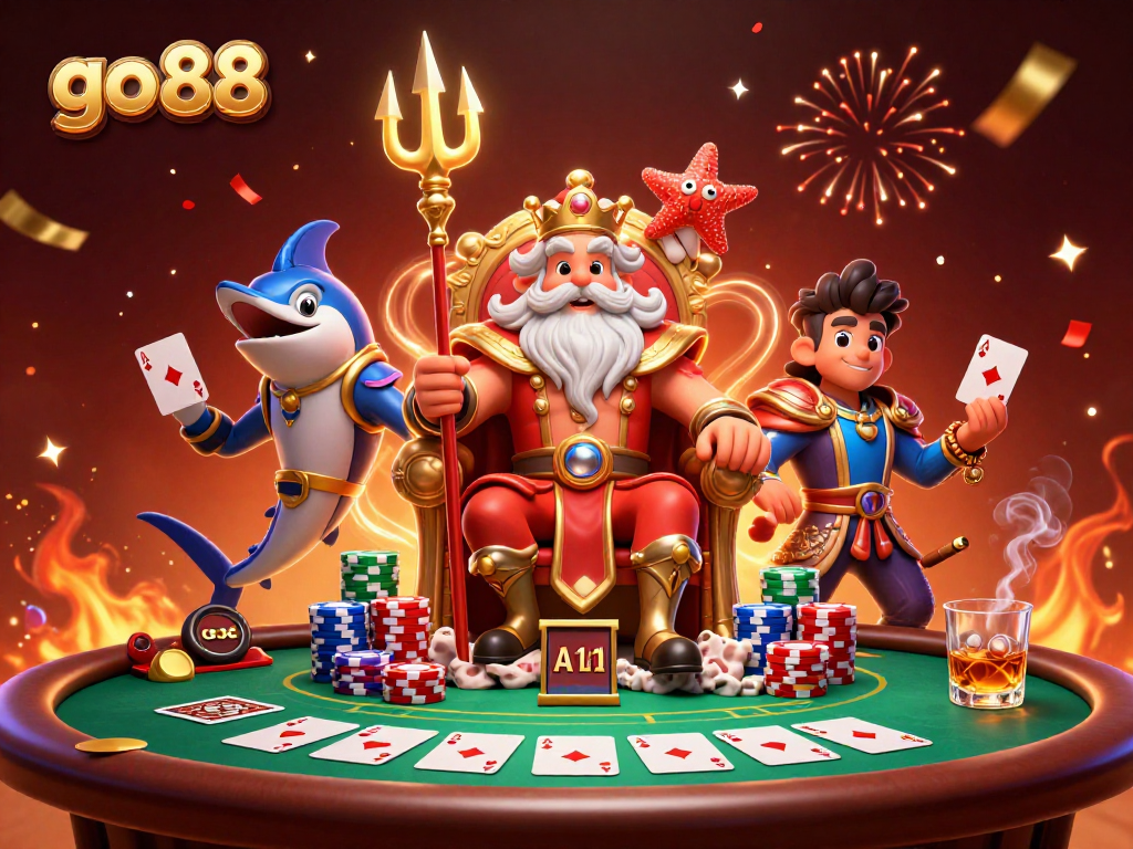 Engage in thrilling gameplay at go 88 with Neptune and friends at a vibrant casino table.