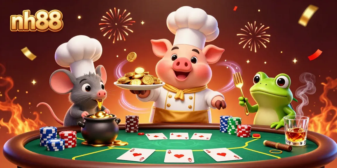 Play and win with NH88, featuring vibrant casino elements and lively character interactions.