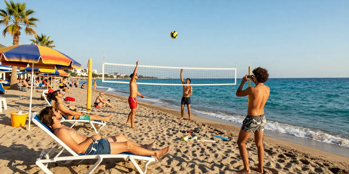Antalya weather in May showcasing friends enjoying a sunny beach day with turquoise waters and palm trees.