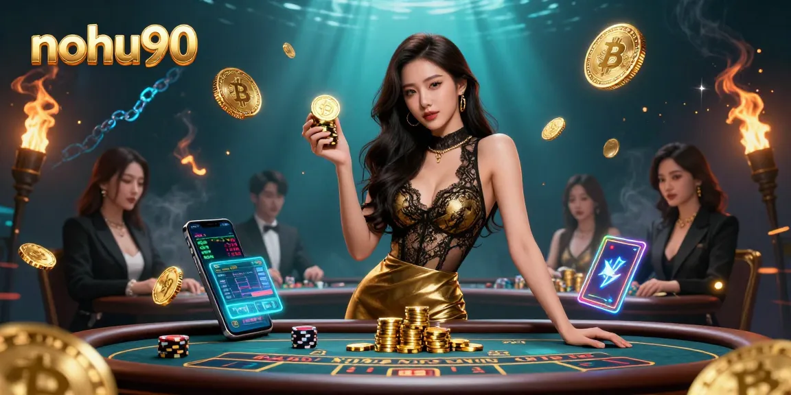 Nohu90 captures an Asian woman at a VIP baccarat table, showcasing high-value chips and glowing crypto elements.