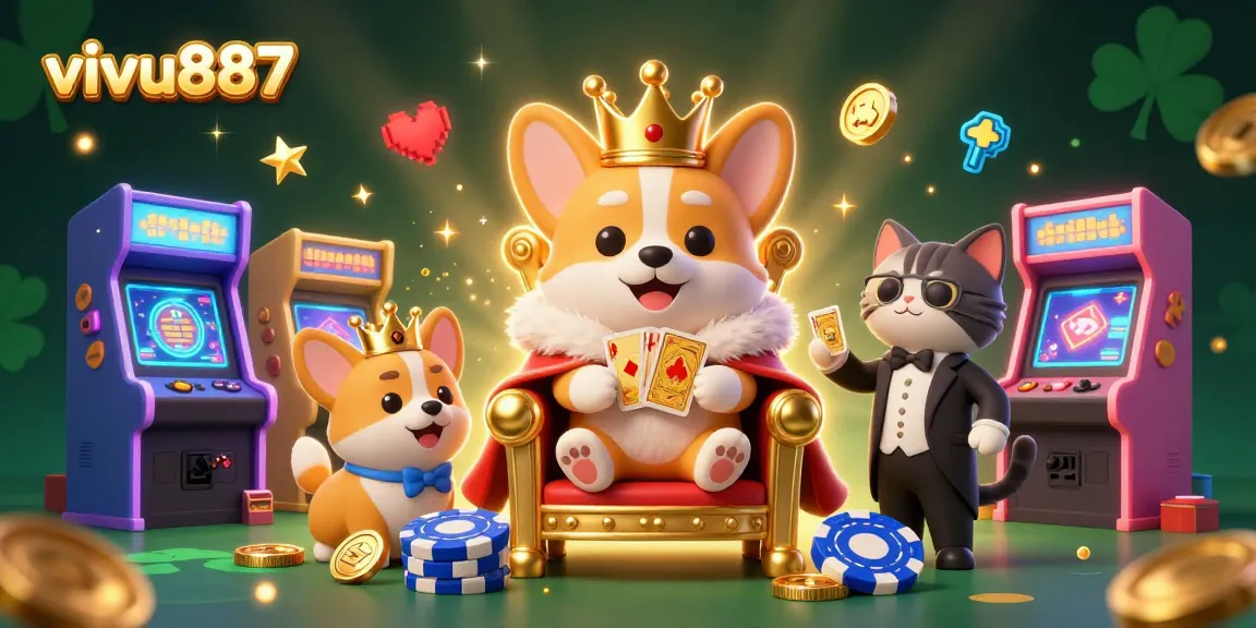 Engage in thrilling gameplay at vivu887 with a vibrant casino-themed illustration featuring corgis and gaming elements.