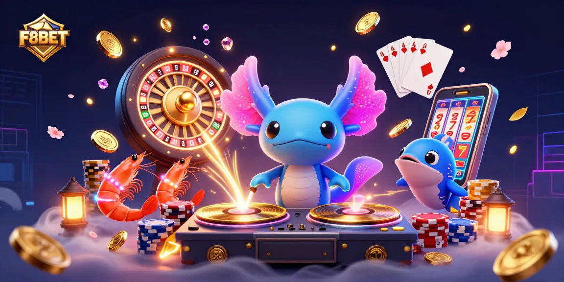 Experience F8BET with the vibrant axolotl DJ and animated sea creatures celebrating underwater casino fun.
