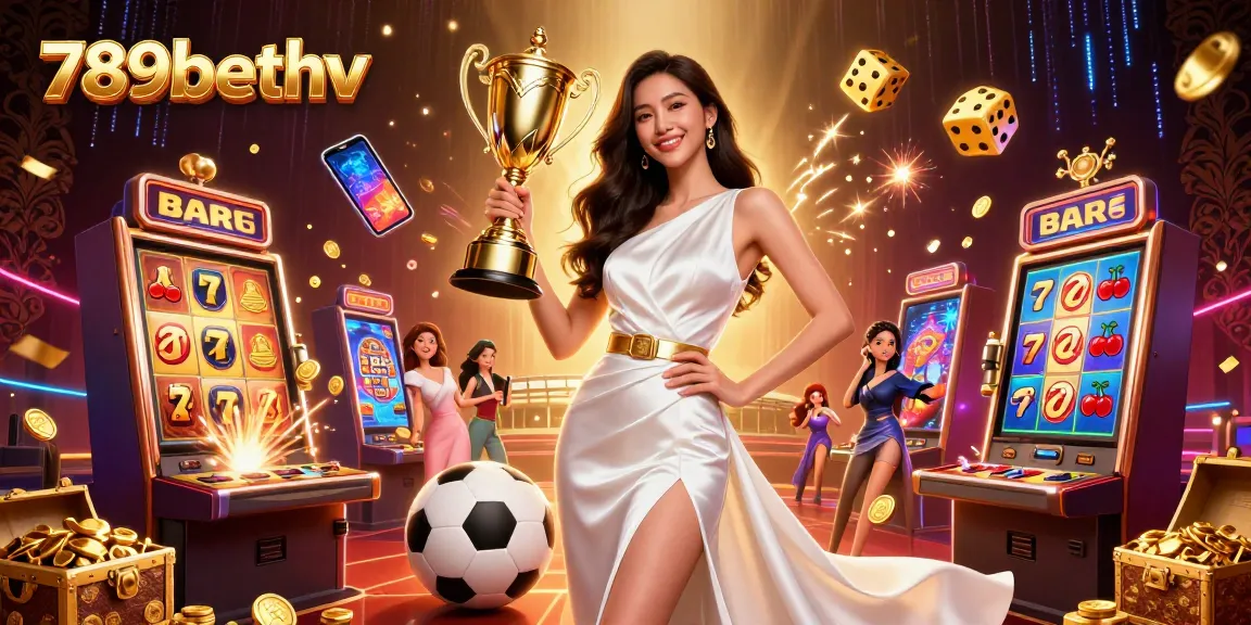 Experience gaming excitement with 789bethv at a vibrant casino scene filled with trophies and sports betting elements.