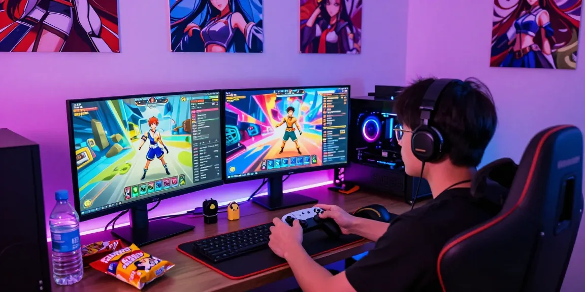 Engaged gamer exploring a hentai game on dual monitors in a colorful setup.