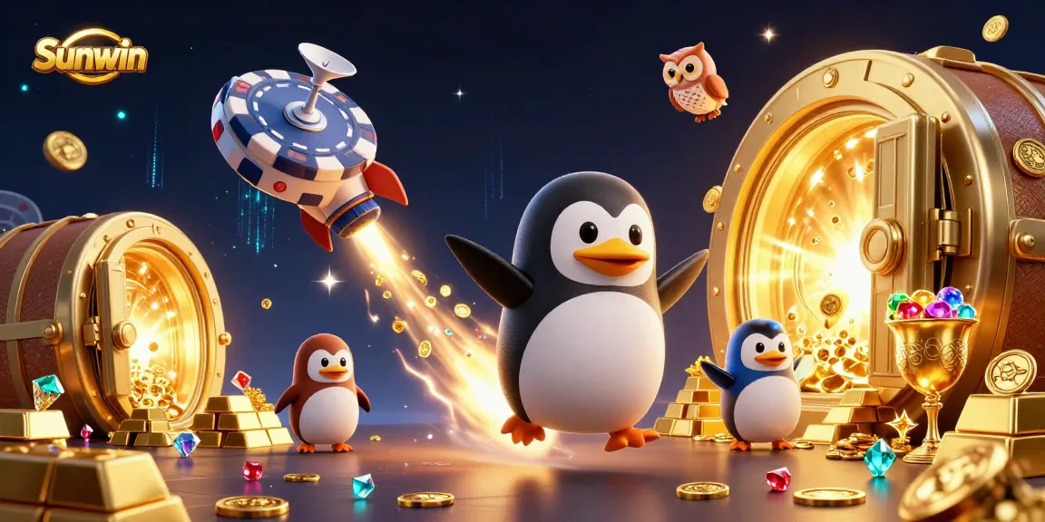 Sunwin shines as a golden penguin blasts through space, revealing riches in an explosion of casino adventure.