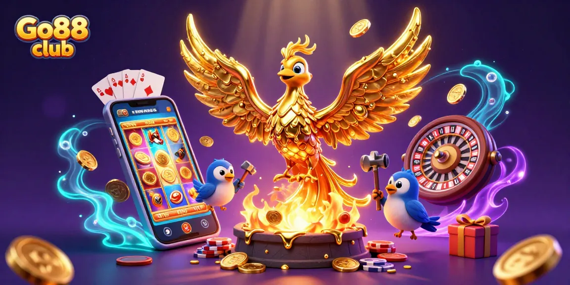 Experience the thrilling Go88 club gaming with a golden phoenix and vibrant casino elements!