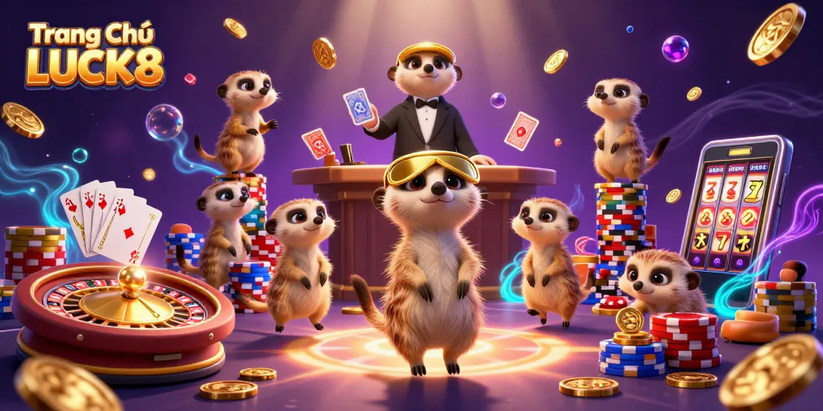 Engage with Trang Chủ LUCK8's casino excitement featuring vibrant meerkats, golden coins, and dynamic game elements.