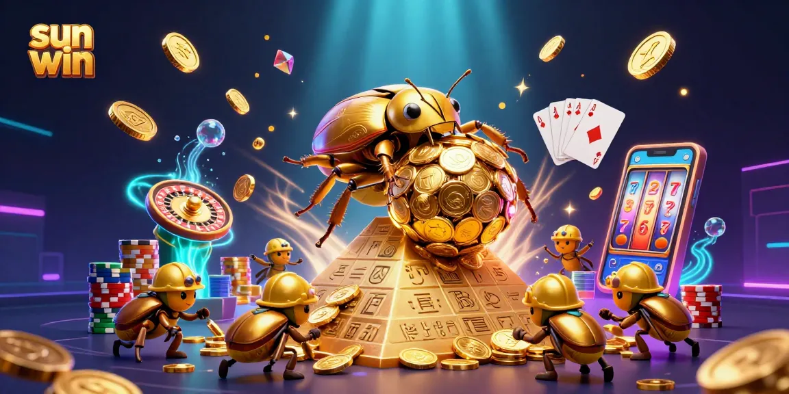 Experience thrilling gameplay with sun win, featuring cartoon beetles rolling gold coins in a vibrant casino scene.
