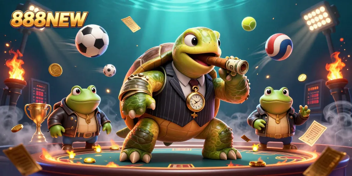 Experience the excitement of 888NEW with a dynamic 3D scene showcasing vibrant gambling elements.