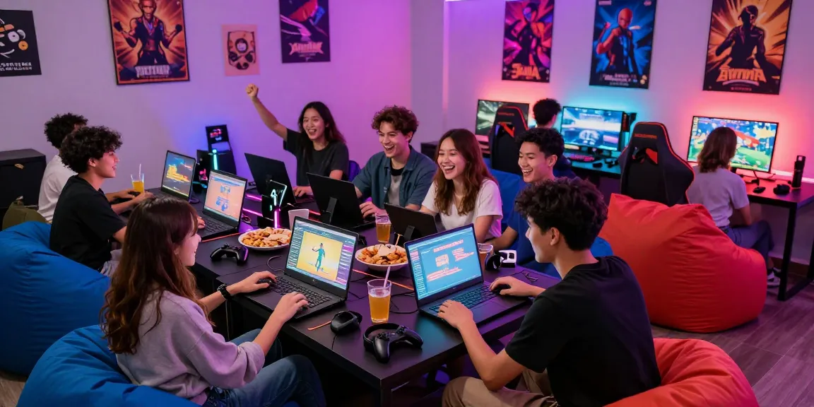 Group of friends enjoying hentaigames in a vibrant gaming lounge.