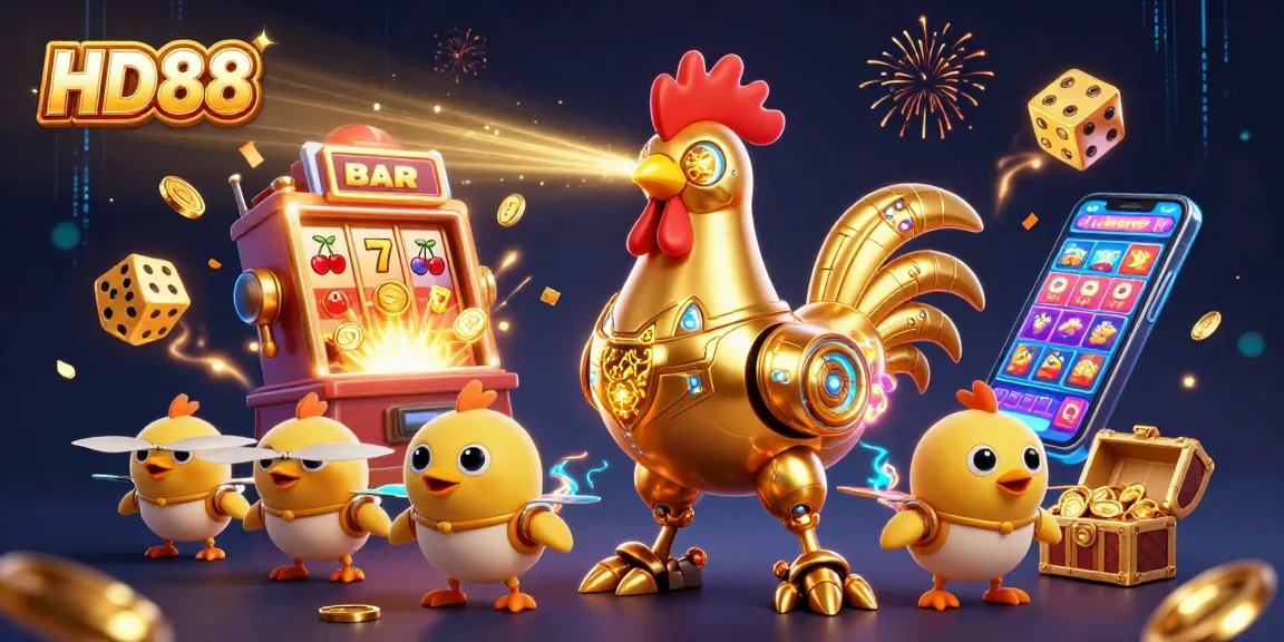 Engage in exhilarating casino action with HD88, featuring dynamic characters against a jackpot explosion backdrop.