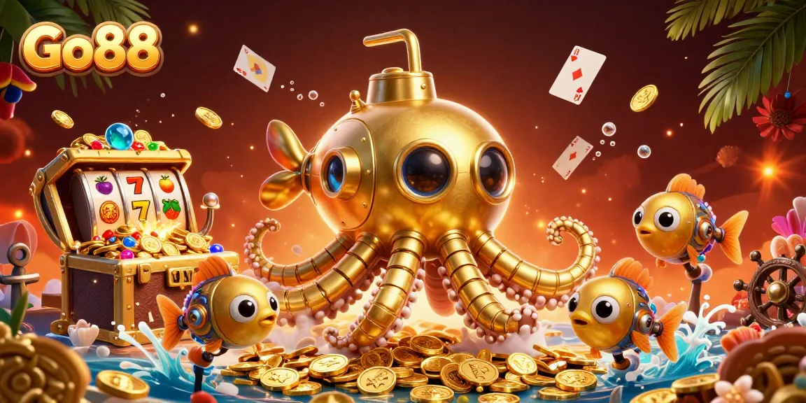 Experience thrilling gameplay with Go88, featuring vibrant slot machines and a dynamic underwater scene.