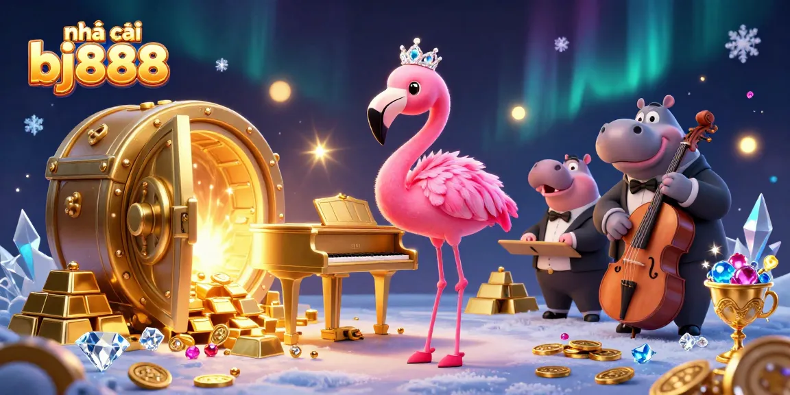 Experience the vibrant world of nhà cái bj888 with a lively casino scene featuring a flamingo singer and hippo bassist as they enchant players with stunning riches and atmosphere.