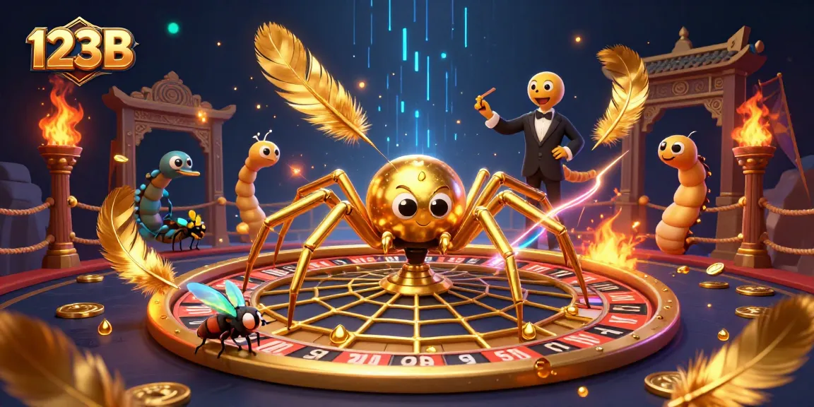 Experience exhilarating gaming action at 123B with a golden spider and exciting roulette wheel.