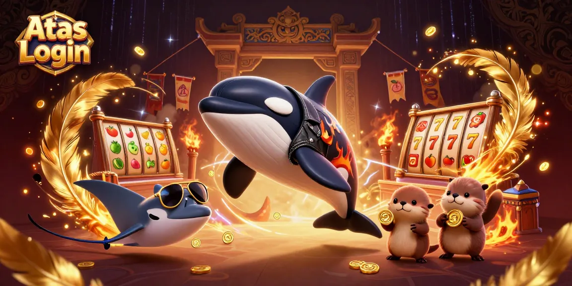 Atas Login provides secure access within an engaging casino illustration featuring dynamic characters.