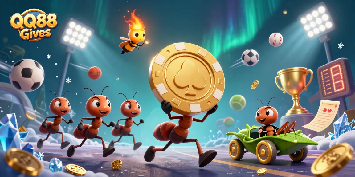 Win big with QQ88 Gives in a vibrant casino heist scene with animated characters and sports elements.