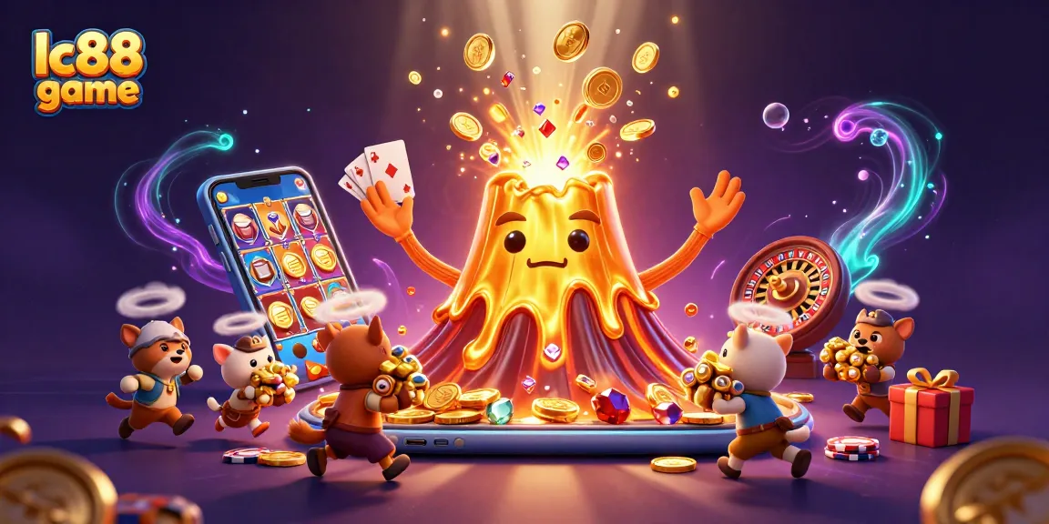 Engage in thrilling lc88 game moments, where a golden volcano erupts coins and treasures, amidst vibrant casino elements.