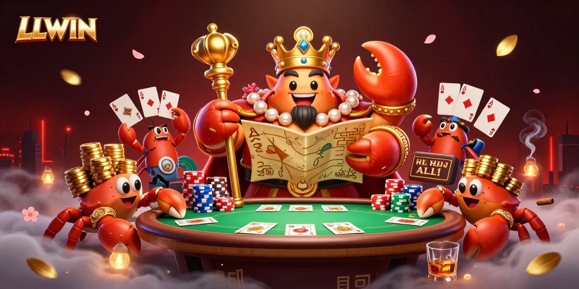 Spin to win with LLWIN's energetic poker scene featuring vibrant characters and stacked chips.