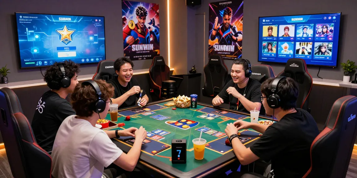 Players enjoying an exciting card game on Sunwin's platform in a vibrant gaming lounge, showcasing the social aspect of online gaming.