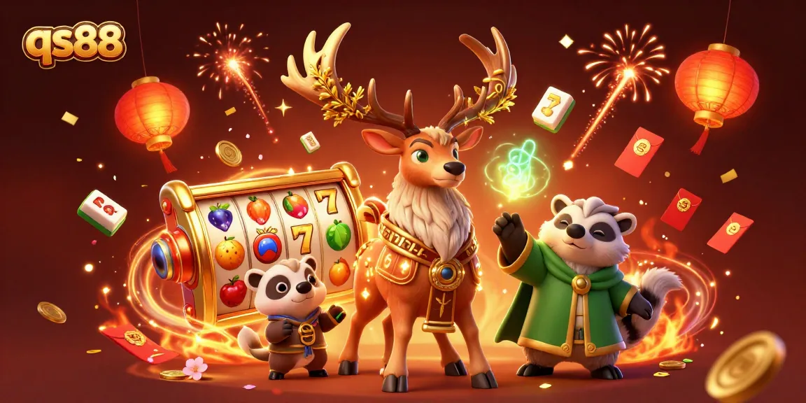 Experience thrilling slots with qs88 featuring a Celtic stag, jade coins, and vibrant casino elements.