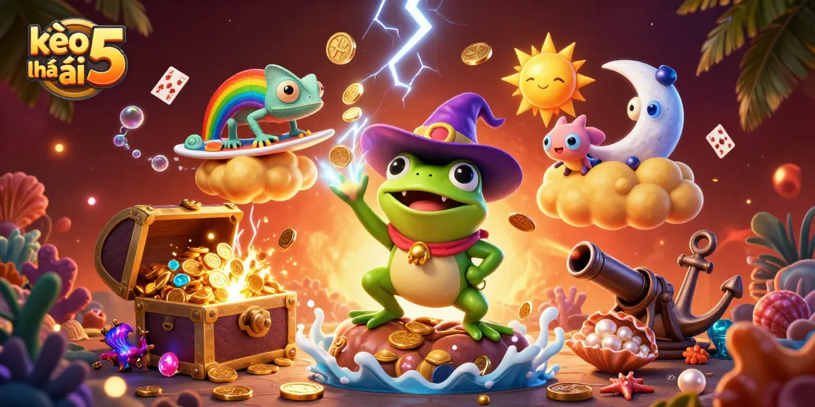 Engage with kèo nhà cái 5 as the weather wizard frog conjures a golden coin storm in this vibrant illustration.