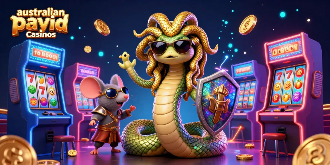Join the action at australian payid casinos with Medusa and a warrior mouse in a vibrant 3D casino scene.