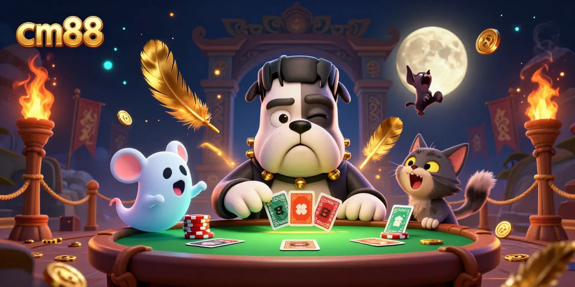Experience thrilling gaming at cm88 with a unique Frankenstein bulldog character dealing cards.