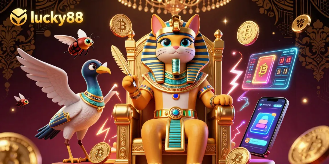 Experience lucky88 with a vibrant 3D rendering showcasing an Egyptian pharaoh cat, cryptocurrency elements, and a luxurious casino setting.