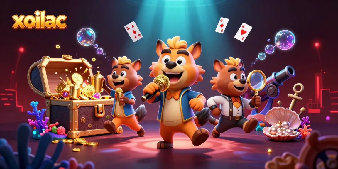 Experience winning strategies with xoilac in a vibrant, animated casino illustration featuring cheering hyenas.