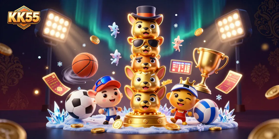 Experience thrilling gameplay at KK55 with vibrant sports-themed casino elements and dynamic character illustrations.