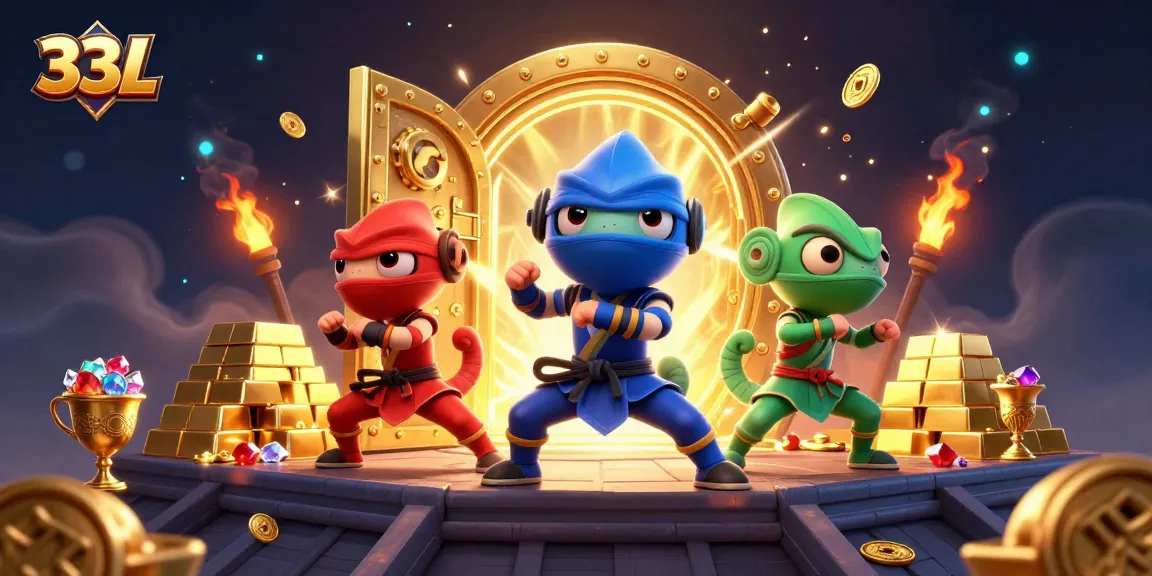 33L team of chameleon ninjas showcases synchronized martial arts atop treasure vaults in a vibrant casino scene.