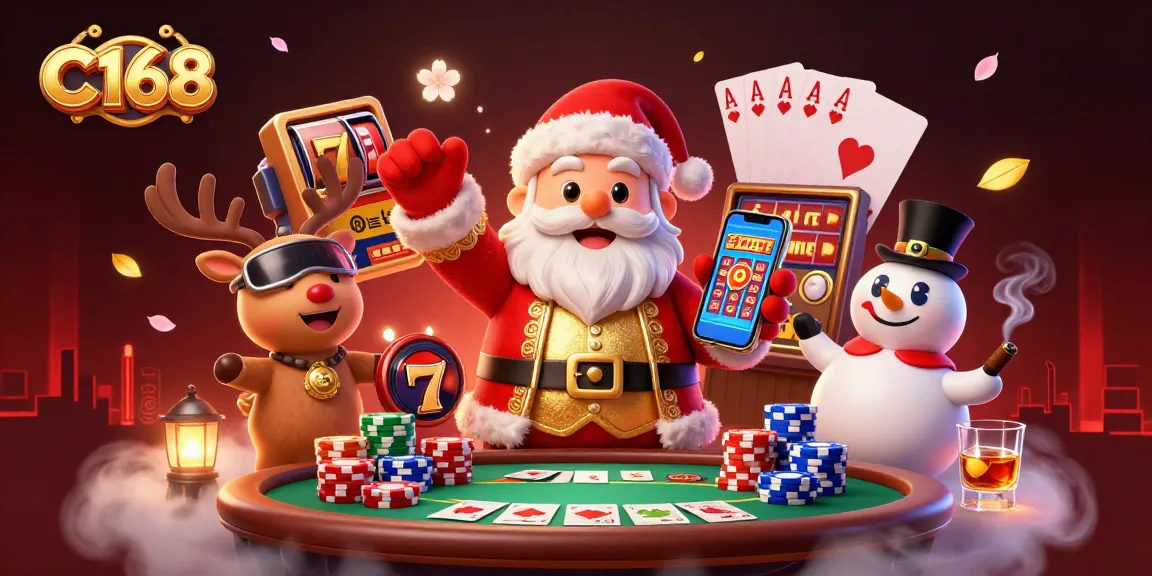 C168 welcomes players to win at a vibrant 3D casino scene featuring a festive Santa and friends.
