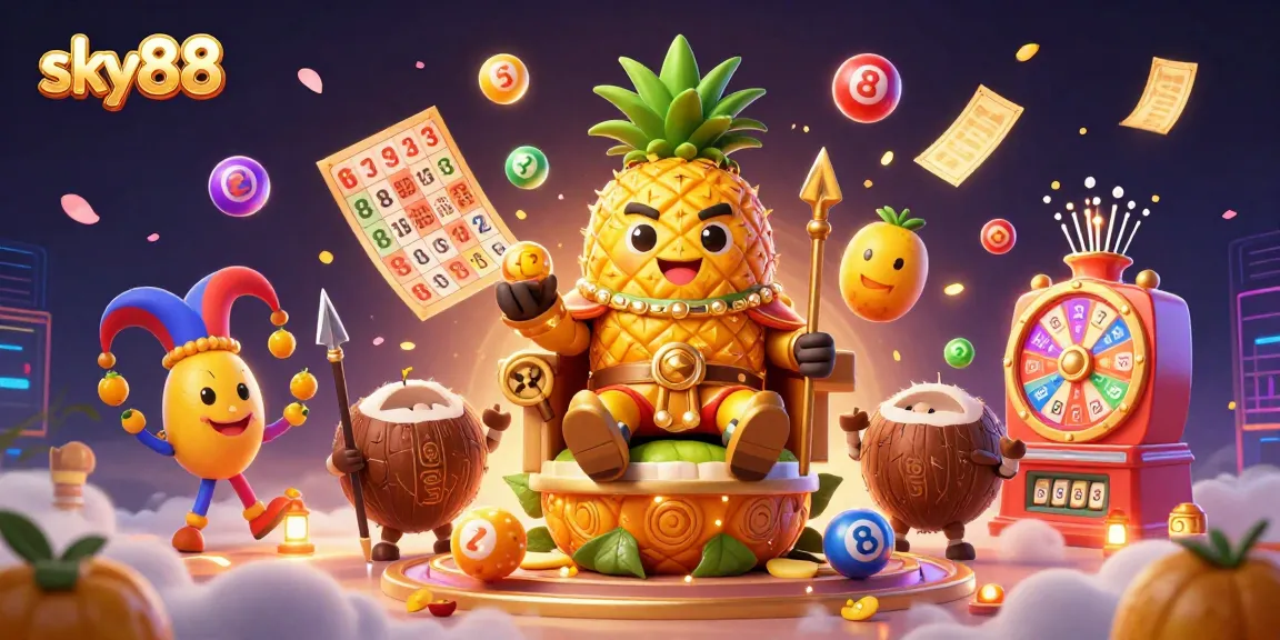 Experience the excitement of sky88 with a golden pineapple king and vibrant casino elements in this dynamic illustration.