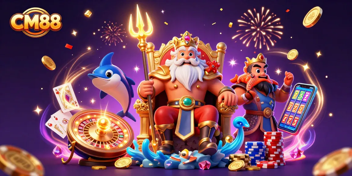 Experience excitement with CM88's vibrant 3D casino scene featuring Neptune, chips, and rewards.