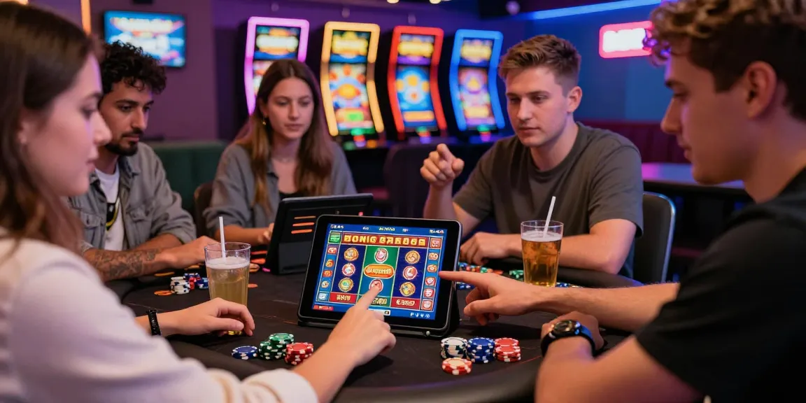 Exciting gameplay of bonus buy slots uk, players engaging with vibrant slot graphics in a lively casino setting.