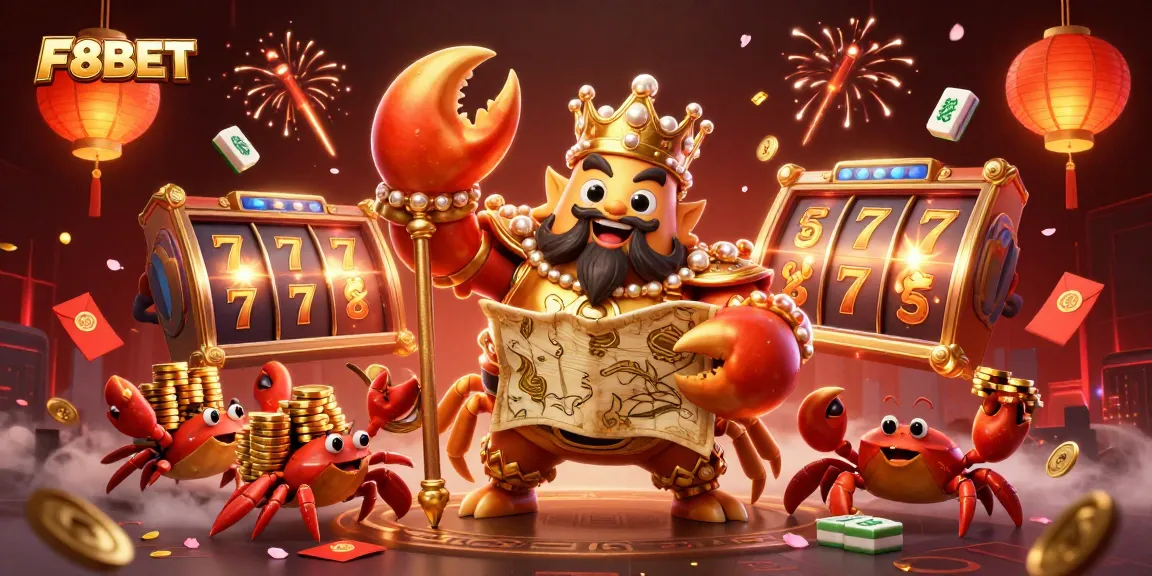 Play with F8BET's golden crab emperor in a vibrant casino scene filled with riches and luck.