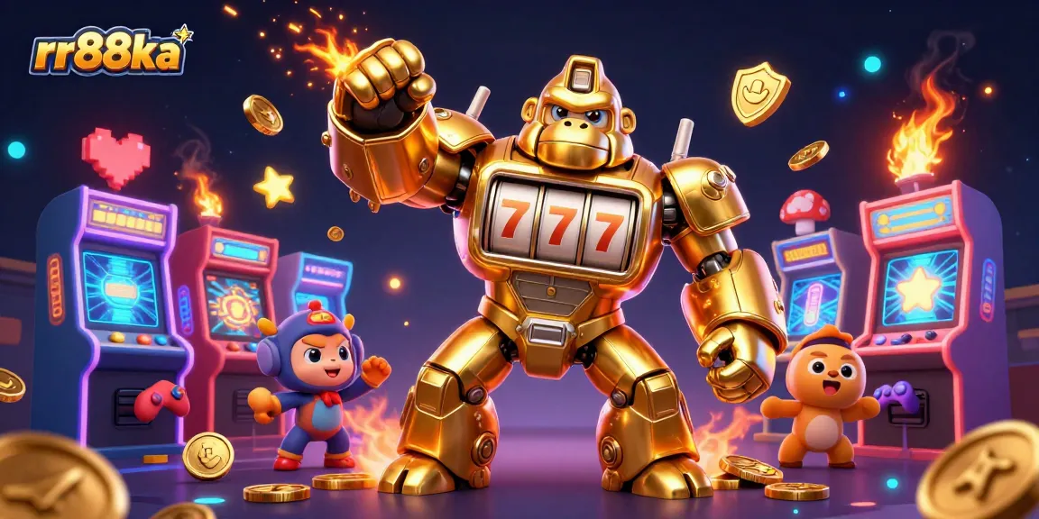 Explore gameplay excitement at rr88ka with a golden gorilla mech amid dynamic casino elements.