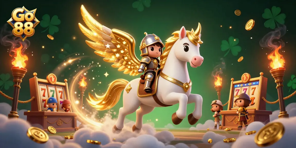 Engaging Go 88 illustration with a 3D celestial horse in a dynamic casino scene featuring slot reels and gold coins.