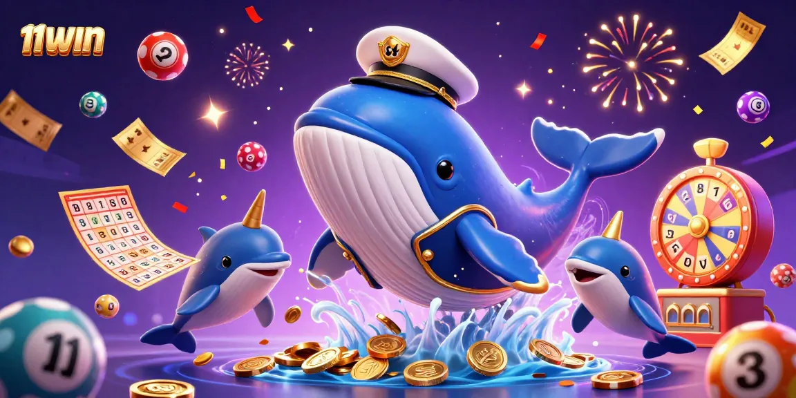 Engage with 11WIN's vibrant casino scene featuring a whale and playful dolphins amidst dynamic games.