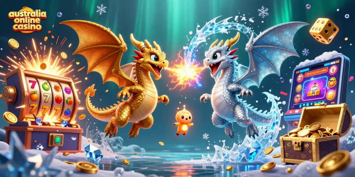 Win big at the australia online casino with 3D dragons and dynamic slot elements in this vibrant illustration.