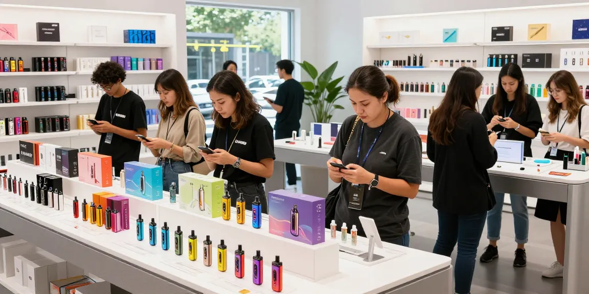 Visit our top disposable vapes shop in USA, showcasing diverse flavors and high-puff devices in a vibrant retail atmosphere.