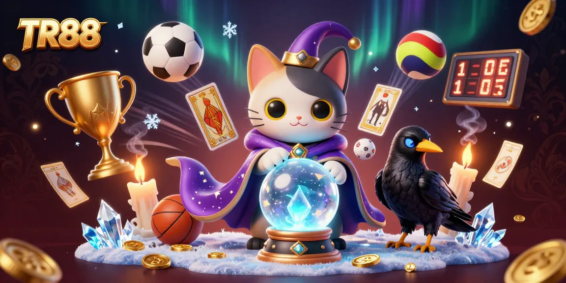 Bet on TR88 with vibrant elements including sports balls, trophies, and mystical characters in a lively casino scene.