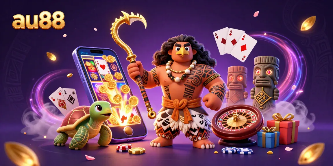 Experience thrilling slots at au88 with a demigod hawk, turtle sidekick, and vibrant casino elements.