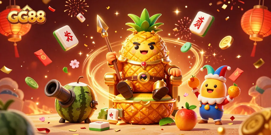 Experience the fun of GG88's vibrant casino scene with a golden pineapple king, magical energy, and festive elements.