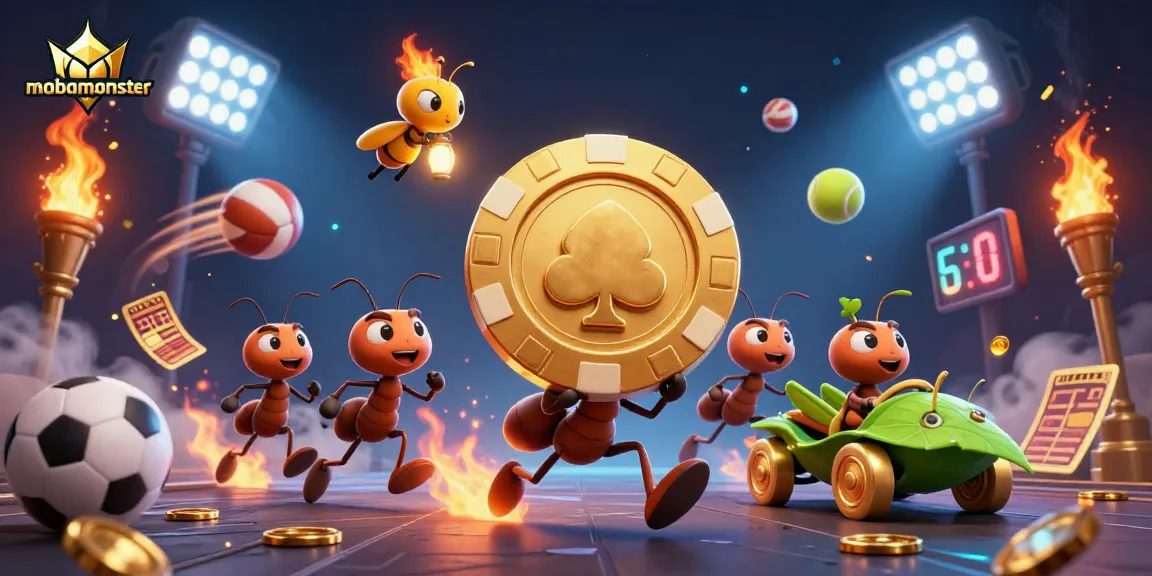 Mobamonster showcases a team of ants carrying a giant poker chip amidst dynamic casino-themed elements.