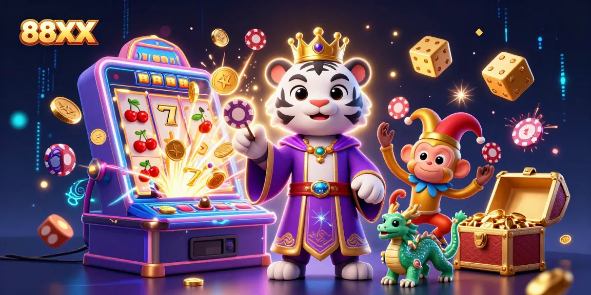 Experience the excitement of 88XX with a vibrant illustration showcasing dynamic casino action and gaming elements.