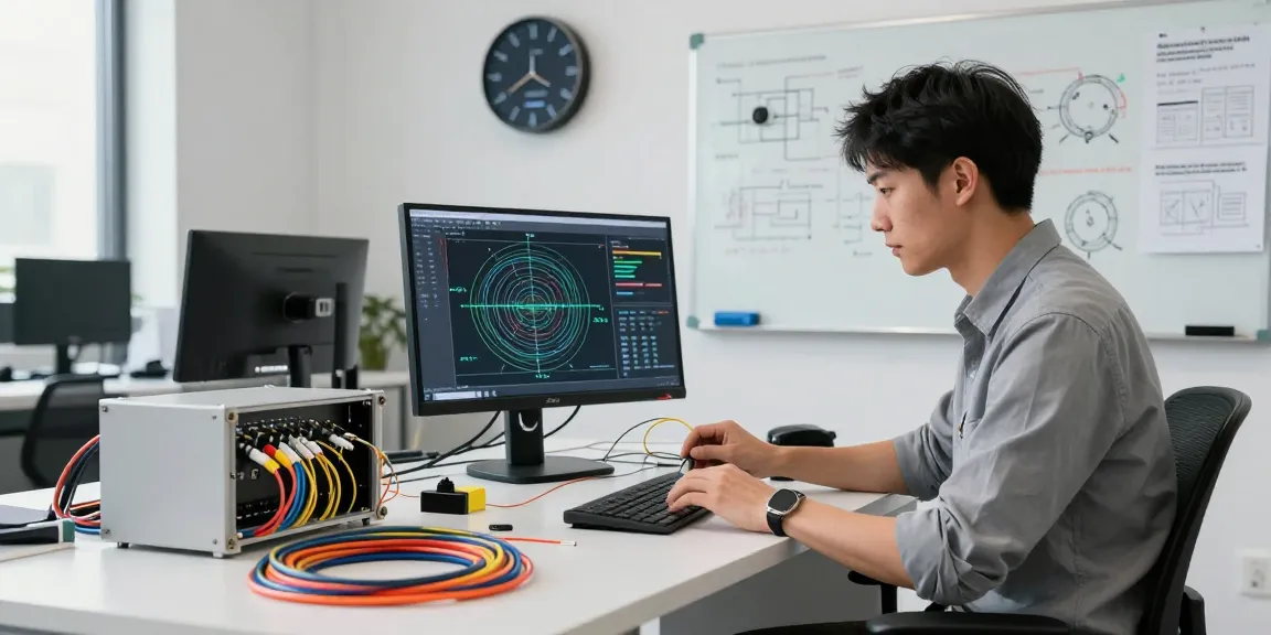 Engineer working on fiber optic what is it technology with precision tools in a modern workspace