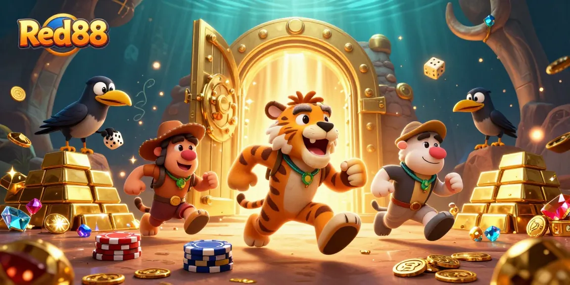 Red88 invites players into a vibrant game scene with cavemen running a casino featuring treasure and animated elements.