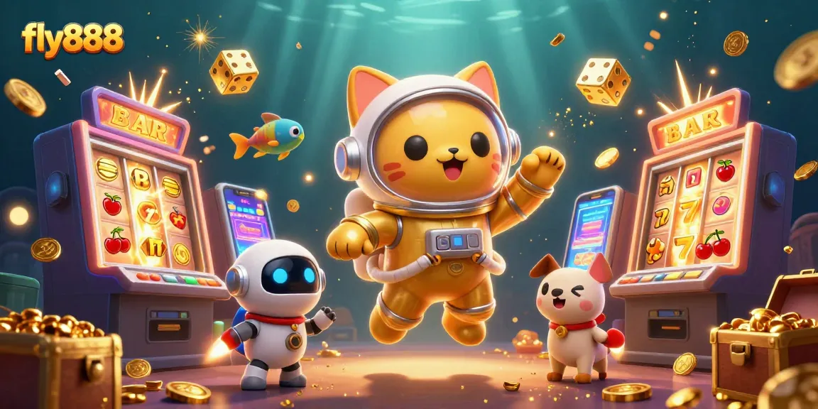 Engage in exciting gameplay at fly888, featuring a 3D astronaut cat surrounded by dynamic casino elements.